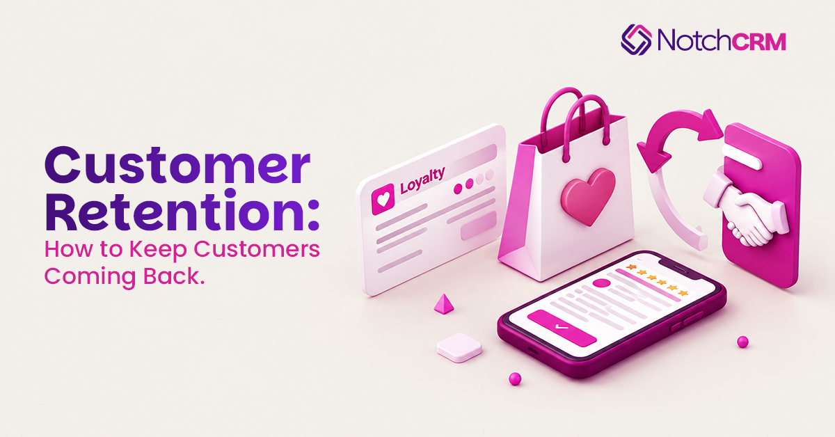 NotchCRM banner reading "How CRM Software Can Help Increase Customer Retention," with a magnifying glass over a data trend chart on a purple background.